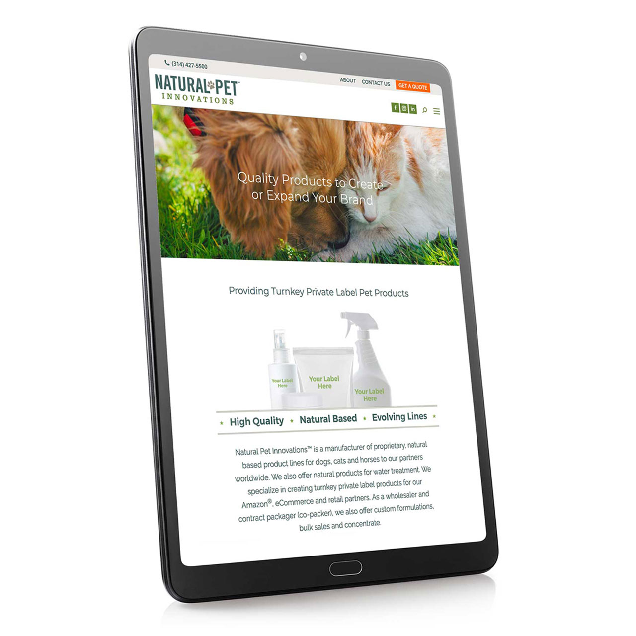 Natural Pet Innovations website shown on tablet device