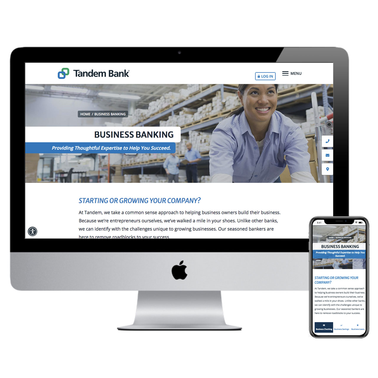Tandem Bank website shown on iMac and mobile phone