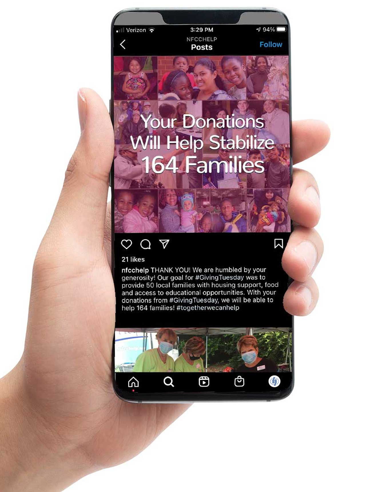 Hand holding mobile phone with NFCC social media image displayed