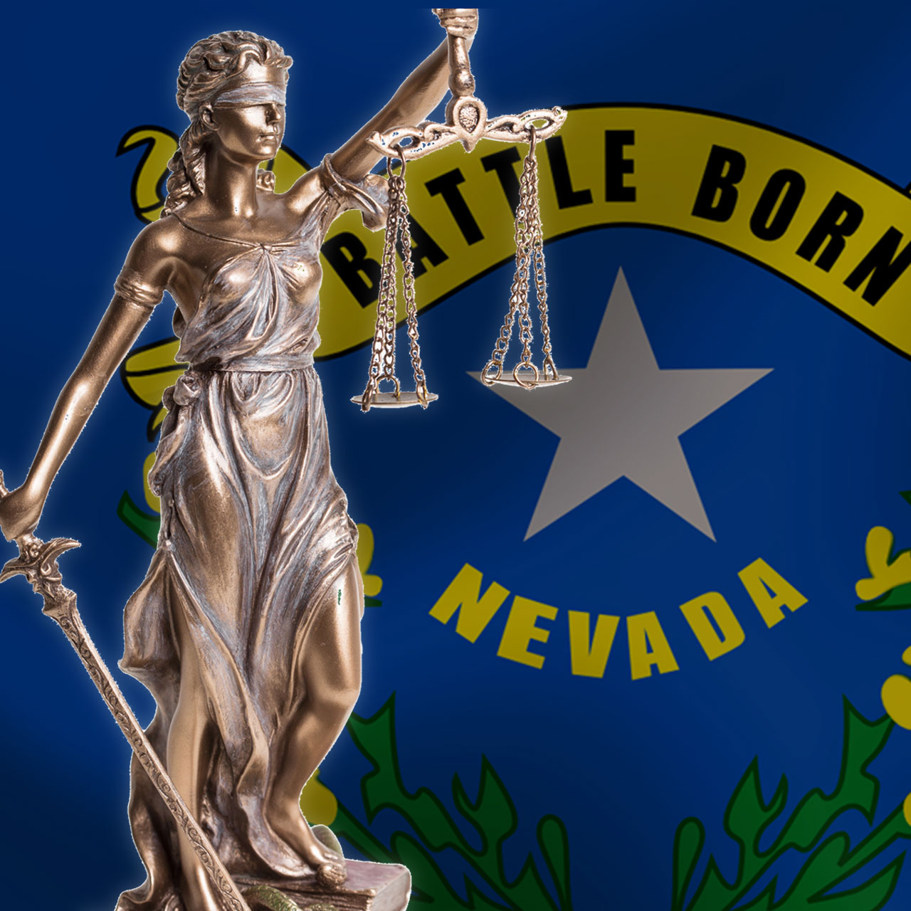 Image of Themis (lady justice) over Nevada State flag